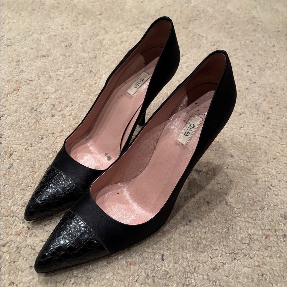 Prada Black Croc-Embossed Heels